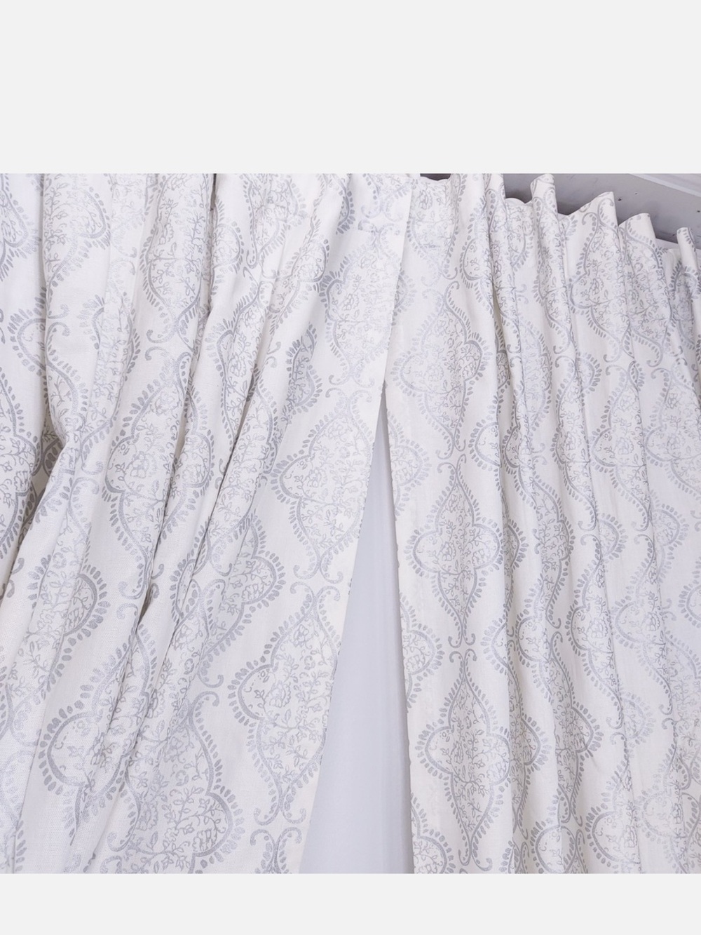Tahari White Curtains with Silver Gray Damask Scrolls 52”x90” set of 2